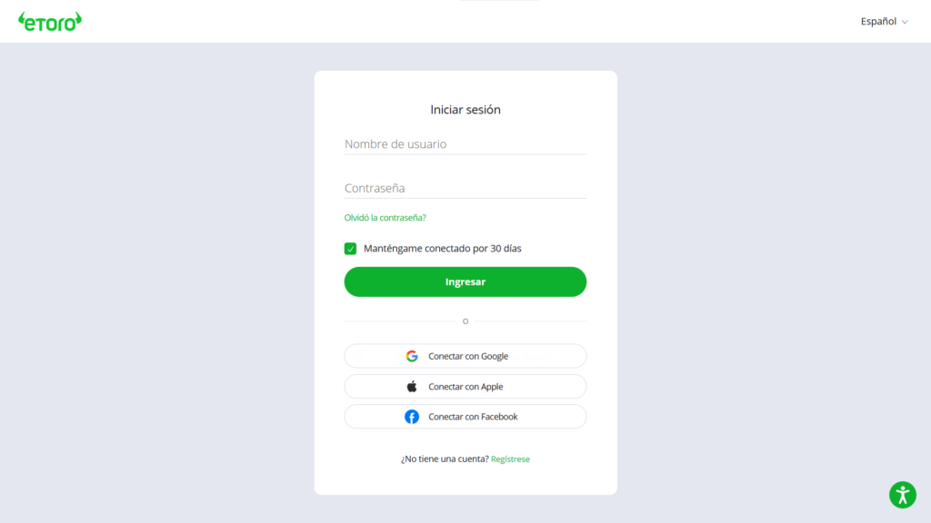 Proceso de inicio de sesión en eToro